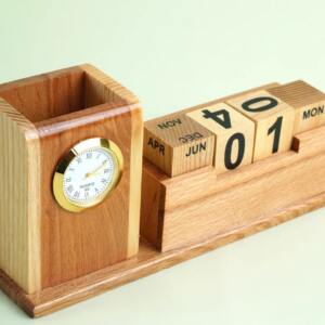Wooden Clock Pen Stand Organizer with Perpetual Calendar 3