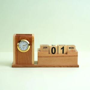 Wooden Clock Pen Stand Organizer with Perpetual Calendar