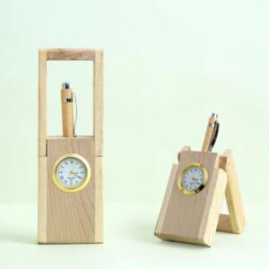 Wooden Pen Holder with Clock for Corporate Gifts