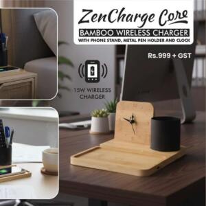 ZenCharge Core Bamboo Wireless Charger Desk Organizer with Clock