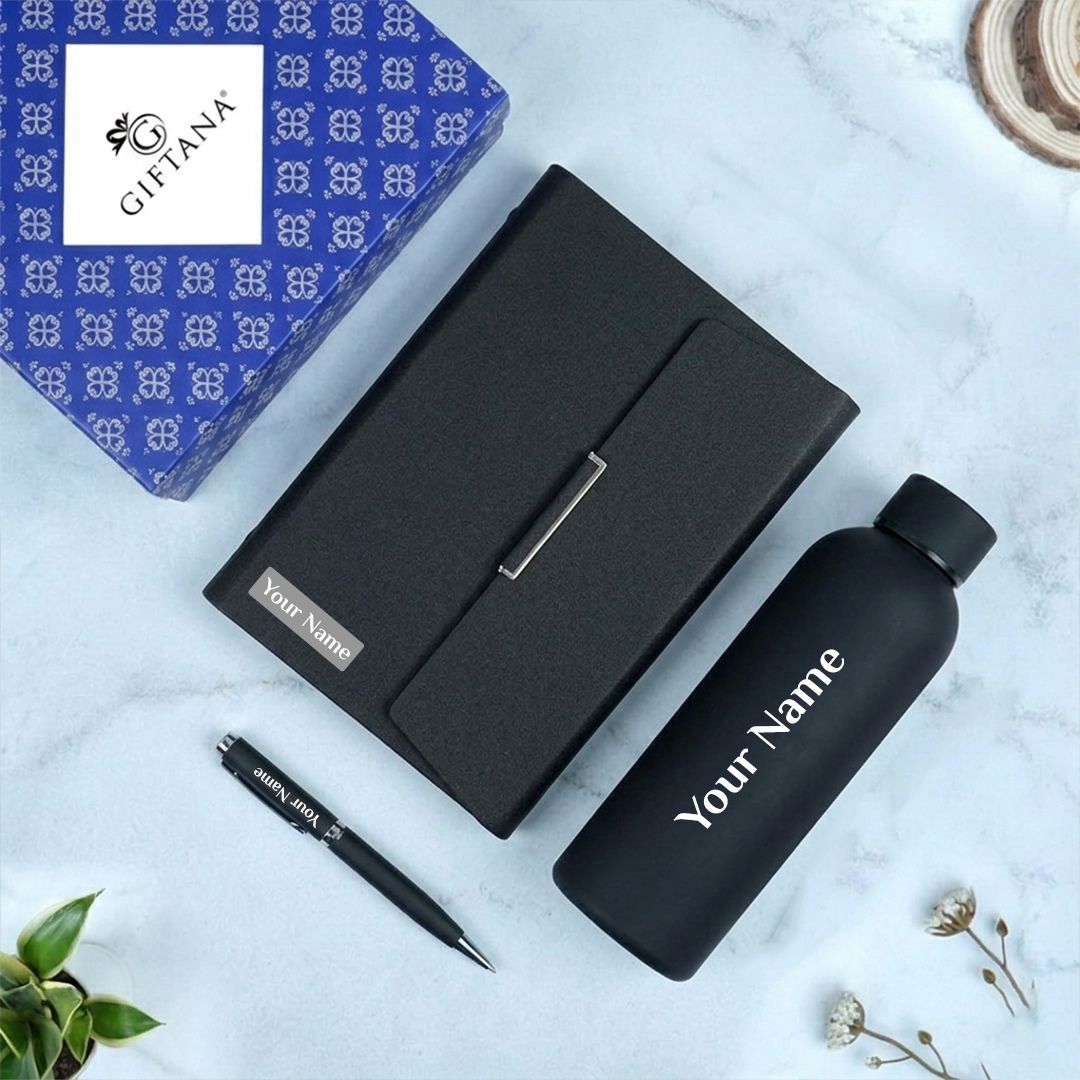 Engraved 3-in-1 Planner Diary with Flask Bottle, Pen Gift Set (6) Corporate Office Essentials Gift Set with Diary, Bottle & Pen