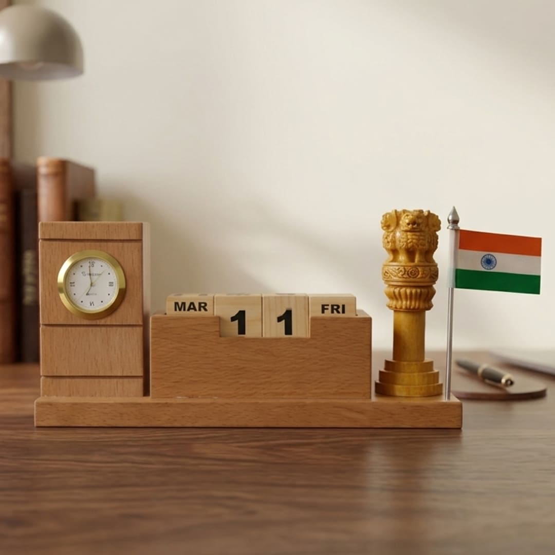 Indian -Heritage -Ashoka -Lion -Symbol- Wooden- Pen- Stand -with- Clock (1) Ashoka Stambh Wooden Desk Organizer with Clock & Calendar