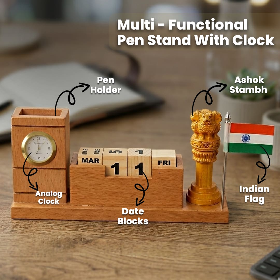 Indian -Heritage -Ashoka -Lion -Symbol- Wooden- Pen- Stand -with- Clock (3) Indian Heritage Ashoka Lion Symbol Wooden Pen Stand with Clock 3