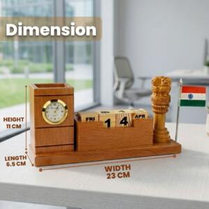 Ashoka Stambh Wooden Desk Organizer with Clock & Calendar 3 Indian Heritage Ashoka Lion Symbol Wooden Pen Stand with Clock 4