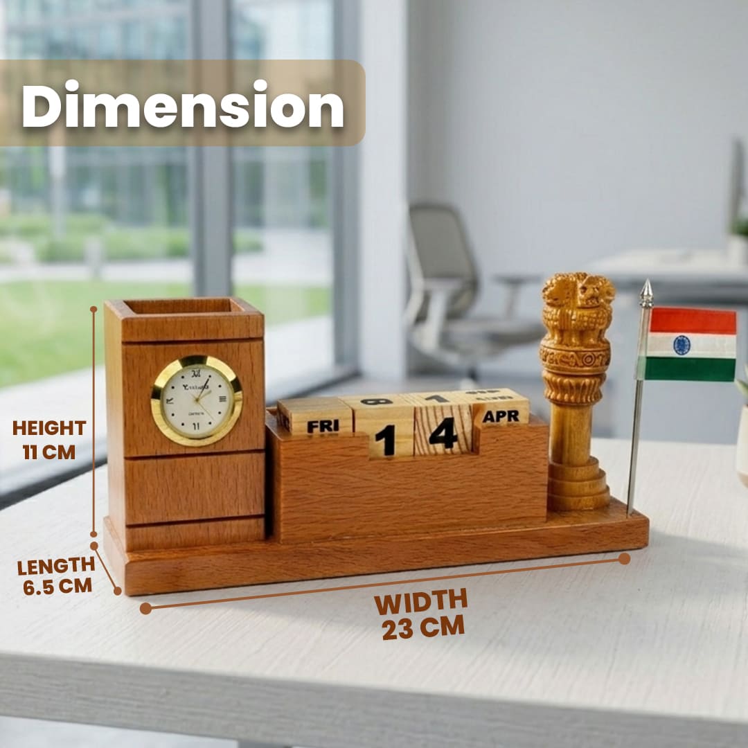 Indian -Heritage -Ashoka -Lion -Symbol- Wooden- Pen- Stand -with- Clock (4) Indian Heritage Ashoka Lion Symbol Wooden Pen Stand with Clock 4