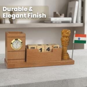 Ashoka Stambh Wooden Desk Organizer with Clock & Calendar 4 Indian Heritage Ashoka Lion Symbol Wooden Pen Stand with Clock 5