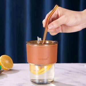 Modern Glass Coffee Tumbler with Sleeve Straw 2