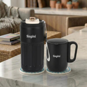 Name Engraved Smart Tumbler Mug Set with Round Coasters Black 1