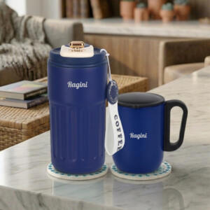 Name Engraved Smart Tumbler Mug Set with Round Coasters Blue 1