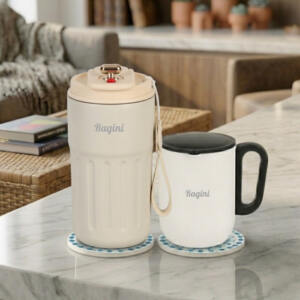 Name Engraved Smart Tumbler Mug Set with Round Coasters White 1