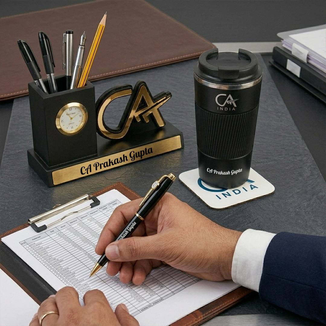 Personalized- CA- India- Gift- Combo -with -Pen -Stand -Tumbler (3) Personalized CA India Gift Combo with Pen Stand Tumbler 3