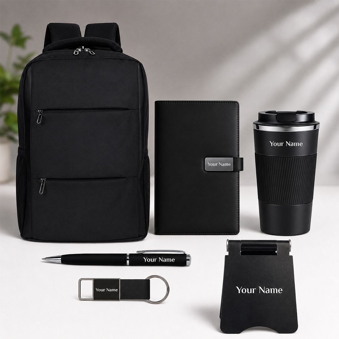Premium- 6-in-1- Personalized -Backpack- Gift- Set -with -Tumbler Executive Onboarding Gift Set with Backpack, Diary & Tumbler