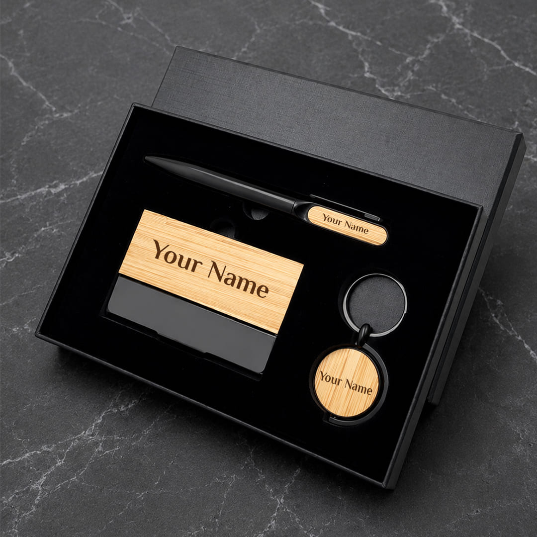Premium -Personalised -3-in-1- Wooden- Utility- Gift- Set (1) Business Gifting Essentials Set with Pen, Keychain & Card Holder