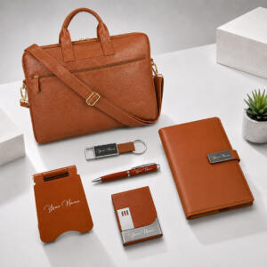 New Hire Welcome Kit with Laptop Bag & Office Essentials 2 Tan Premium Personalized Laptop Bag Office Essentials Gift Set 1