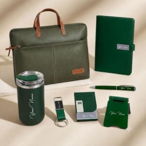 Personalized Executive Welcome Kit for Employees & Clients 3 Green 7 in 1 Leadership Welcome Kit with Personalized Office Accessories