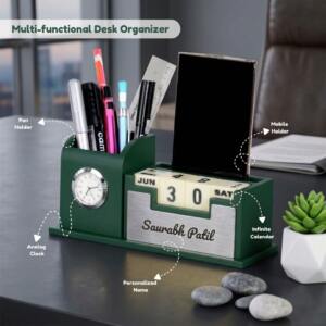 Green Personalized Calender Desk Clock Organied Silver 5
