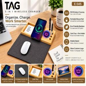 5-in-1 Bamboo Wireless Charging Desk Organizer