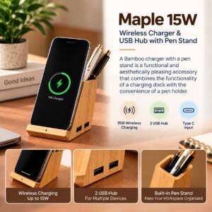 Bamboo Wireless Charger with USB Hub & Pen Holder