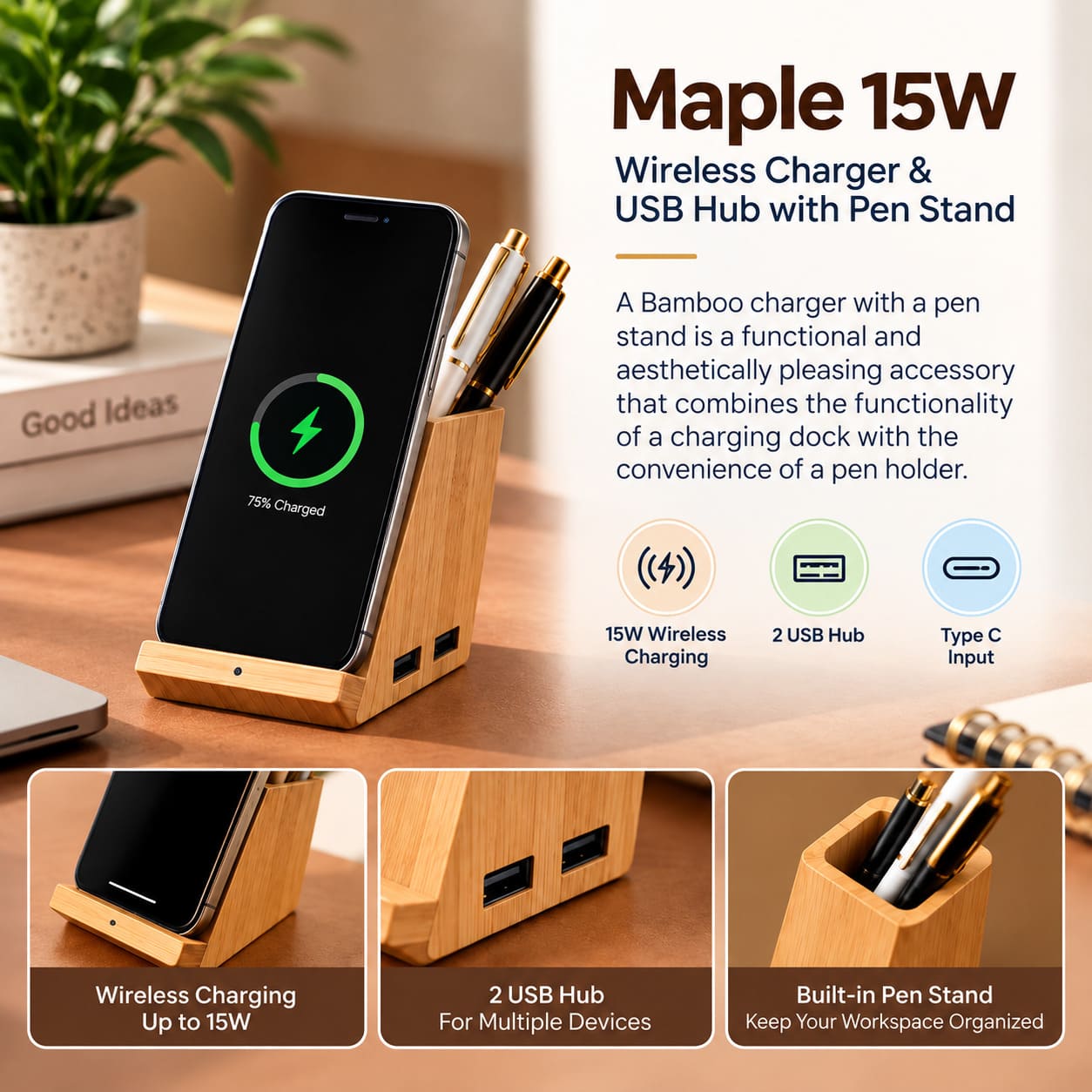 Bamboo Wireless Charger with USB Hub & Pen Holder Bamboo Wireless Charger with USB Hub & Pen Holder