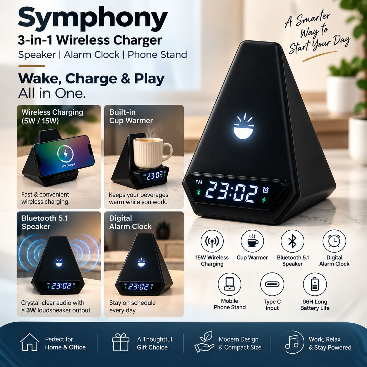 3-in-1 Wireless Charger with Bluetooth Speaker & Cup Warmer 3-in-1 Wireless Charger with Bluetooth Speaker & Cup Warmer
