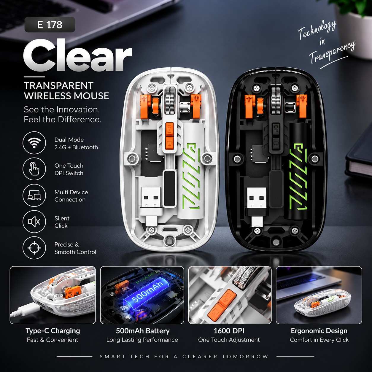 5d924353-9ec2-4880-9366-39b834ea84b7-150kb Clear Transparent Wireless Mouse - Dual Mode Connectivity