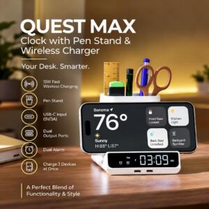Quest Max Wireless Charger with Clock & Pen Stand