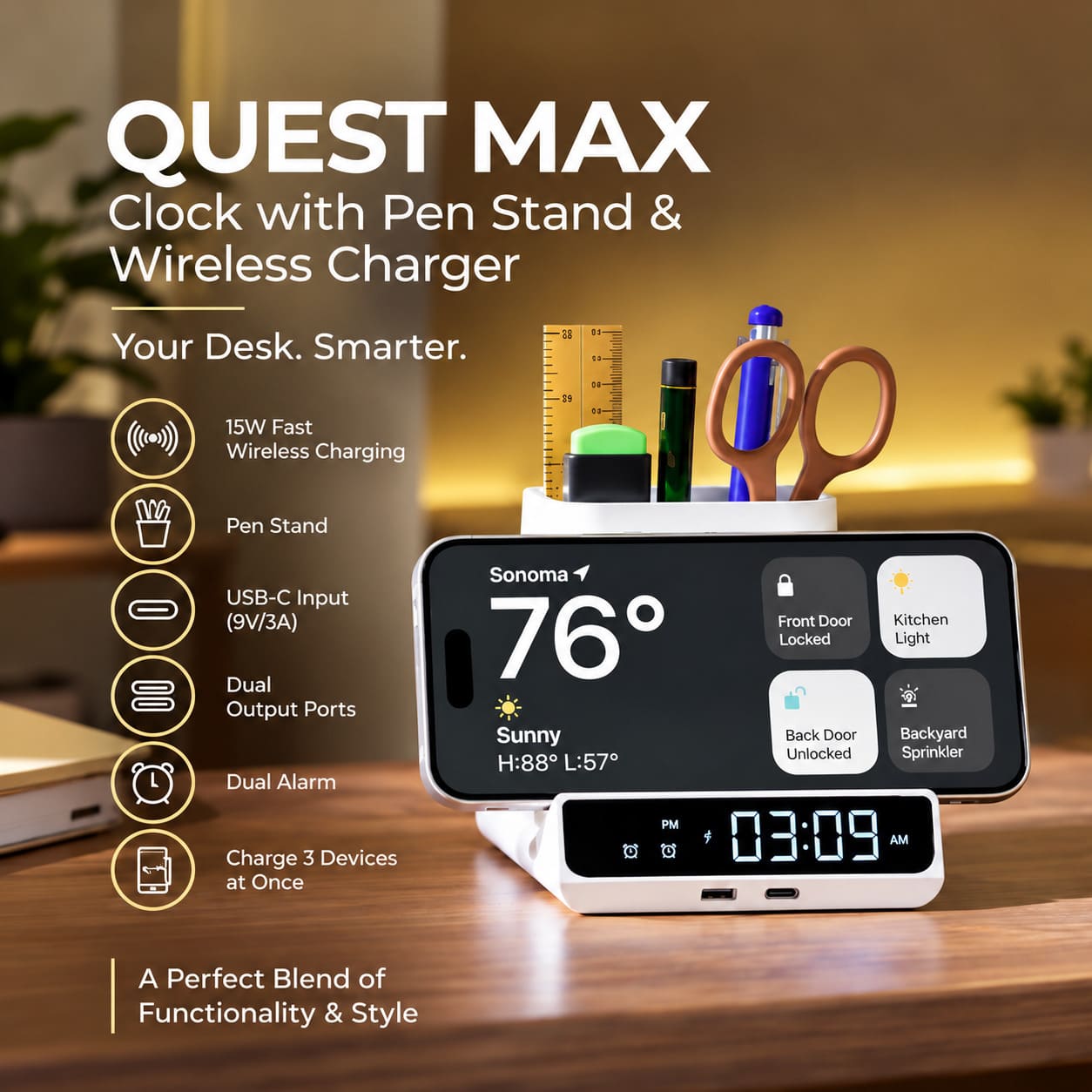 Quest Max Wireless Charger with Clock & Pen Stand Quest Max Wireless Charger with Clock & Pen Stand