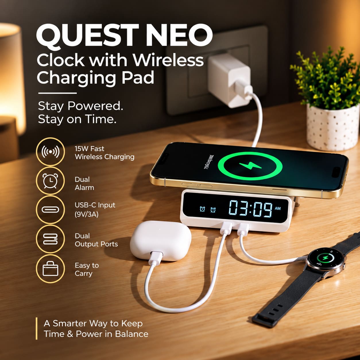 Quest Neo Wireless Charger with Digital Clock & Dual Alarm Quest Neo Wireless Charger with Digital Clock & Dual Alarm