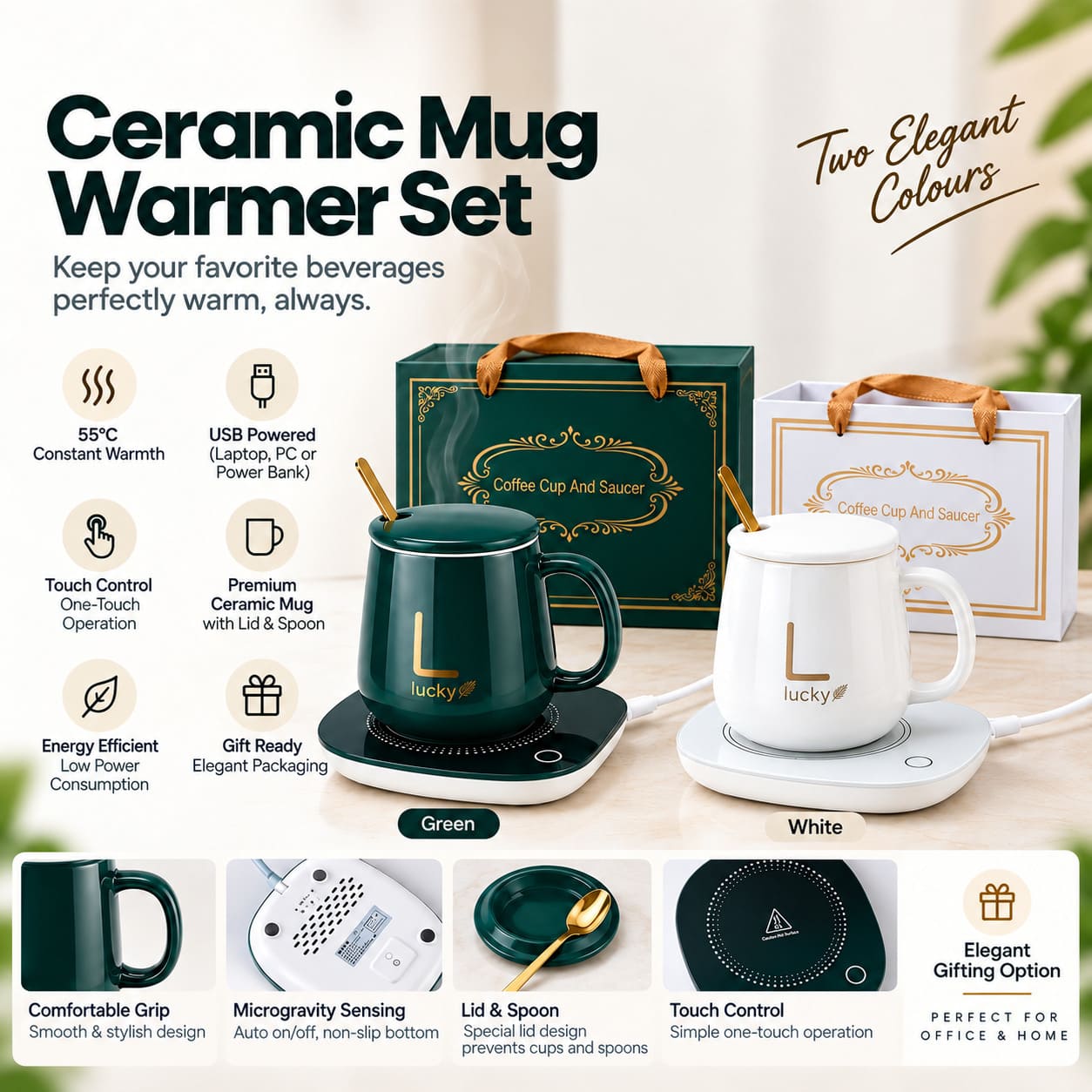 Ceramic Mug Warmer Set with Touch Control & Lid Ceramic Mug Warmer Set with Touch Control & Lid