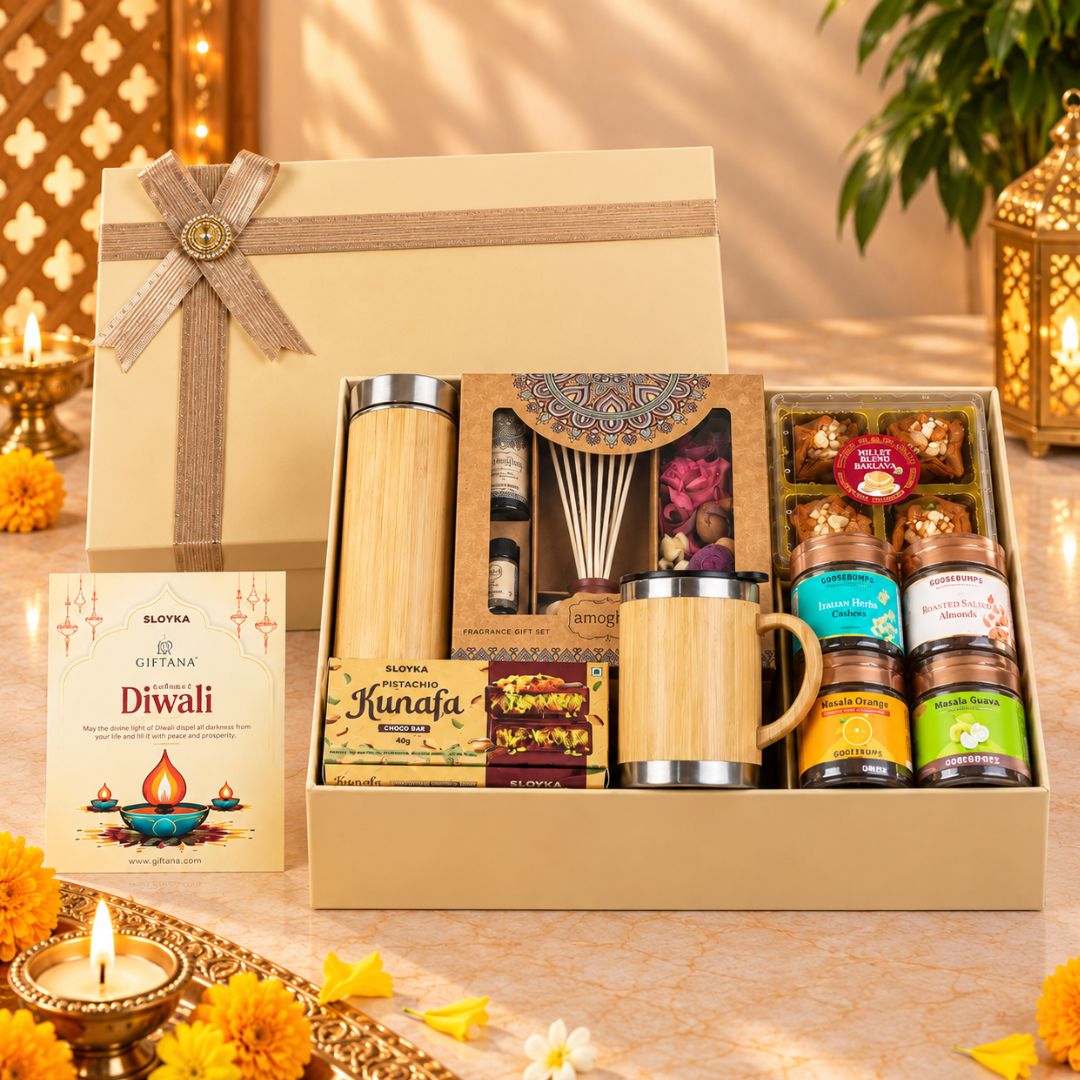 Bamboo Bliss, Fragrance & Gourmet Indulgence Unique Diwali Hampers - GiftanaIndia Bamboo Bliss, Fragrance & Gourmet Indulgence Unique Diwali Hampers - GiftanaIndia