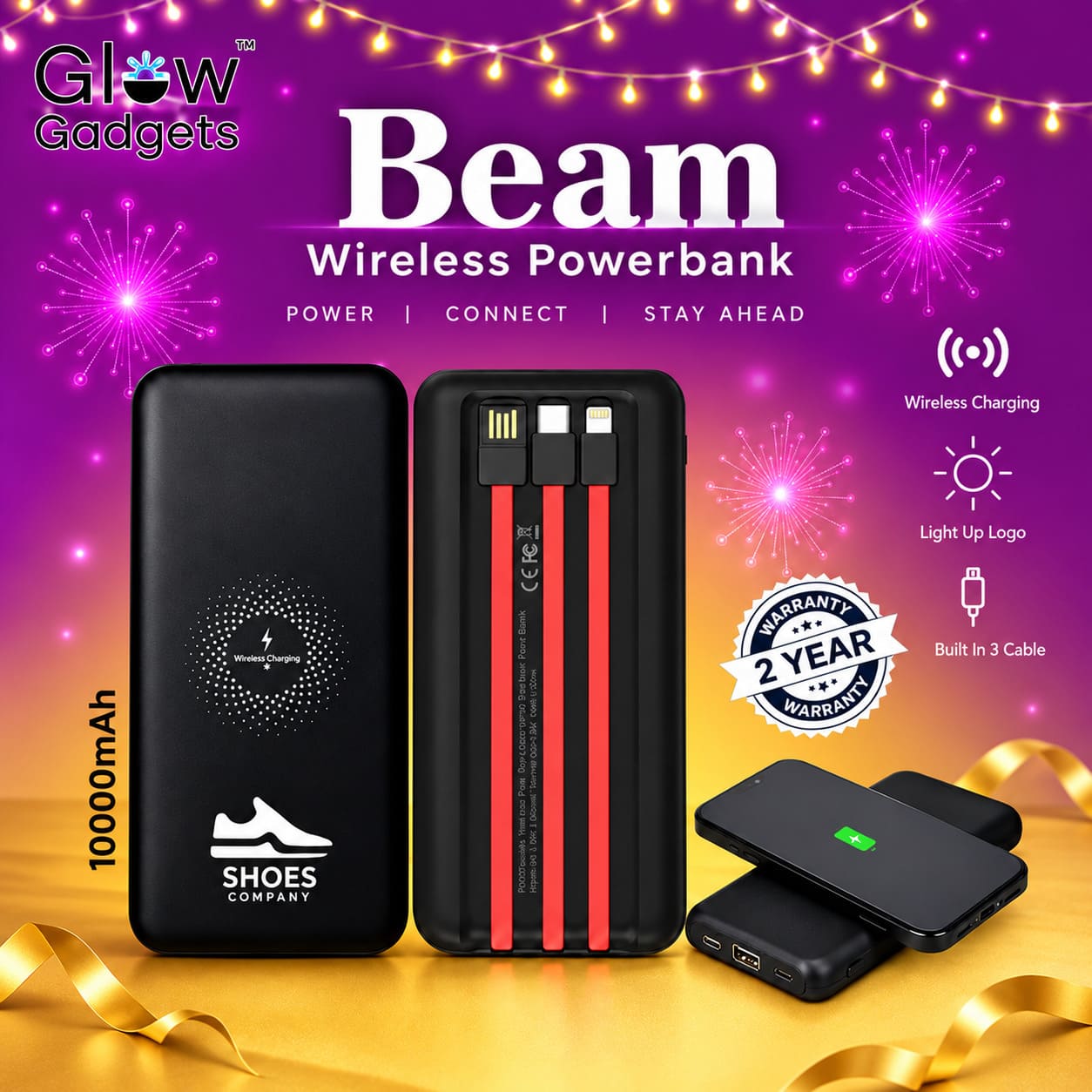 Beam 10000mAh Wireless Power Bank with Built-In Cables Beam 10000mAh Wireless Power Bank with Built-In Cables