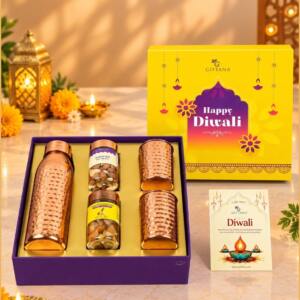 Copper Dry Fruit Diwali Hamper with 750ml Bottle, Glasses & Assorted Nuts - Giftana