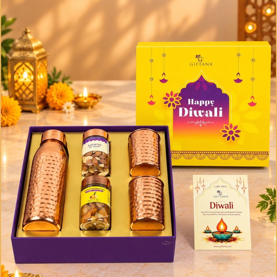 Copper Dry Fruit Diwali Hamper with 750ml Bottle, Glasses & Assorted Nuts - Giftana Copper Dry Fruit Diwali Hamper with 750ml Bottle, Glasses & Assorted Nuts - Giftana