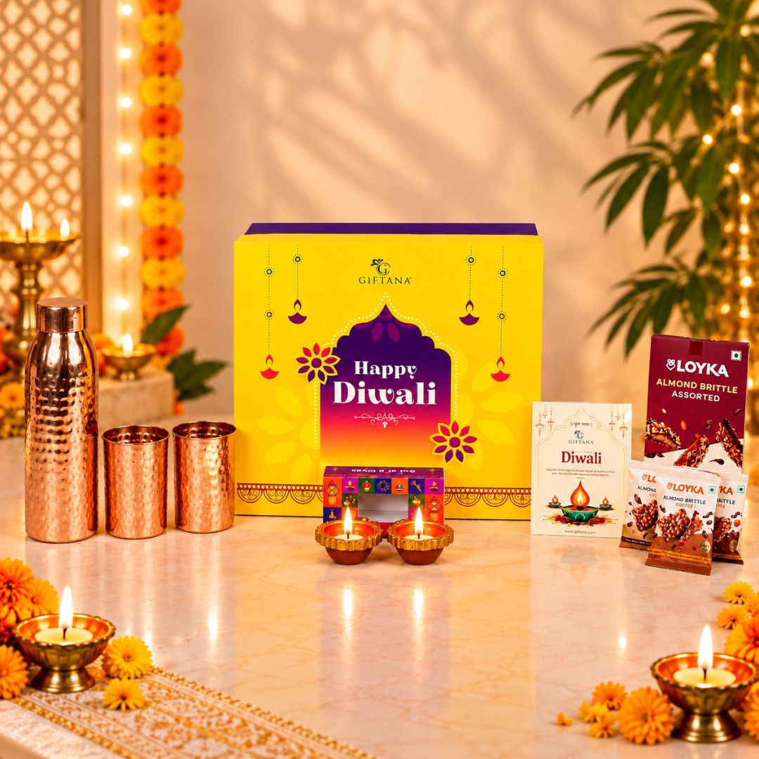 Copper Grandeur Diwali Gift Hamper with Almond Brittle & Diyas 2 Copper Grandeur Diwali Gift Hamper with Almond Brittle Diyas 2