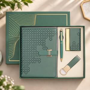Corporate Luxe Collection – Premium Executive Notebook Gift Set with Gold Pen, Card Holder & Keychain green - Giftana