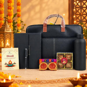 Diwali Business Gifts – Grey Laptop Bag Set with Planner, Bottle, Baklava & Diyas