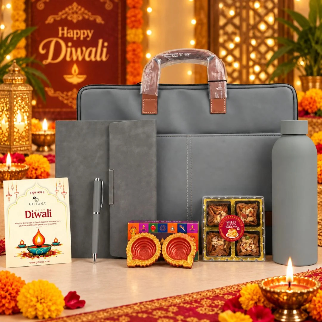 Diwali Business Gifts – Grey Laptop Bag Set with Planner, Bottle, Baklava & Diyas3 Diwali Business Gifts – Grey Laptop Bag Set with Planner Bottle Baklava Diyas3