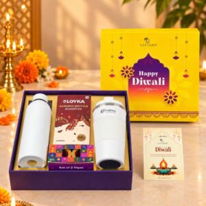 Diwali Corporate Gift Set with 500ml Flask, Coffee Tumbler & Almond Brittle - Giftana