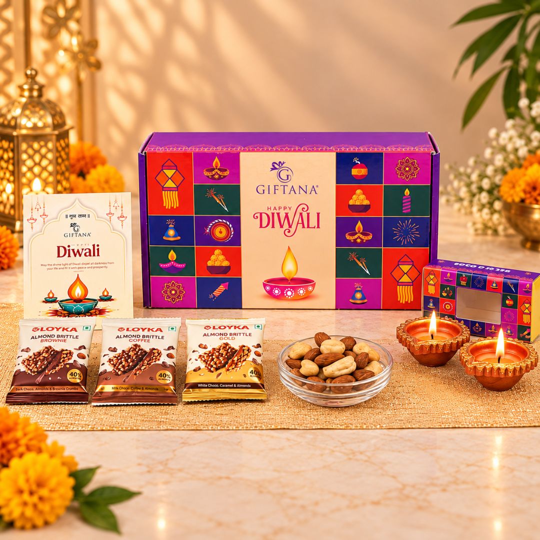 Diwali Gift Set with Almond Brittle, Diyas & Roasted Nuts 2 Diwali Gift Set with Almond Brittle Diyas Roasted Nuts 2