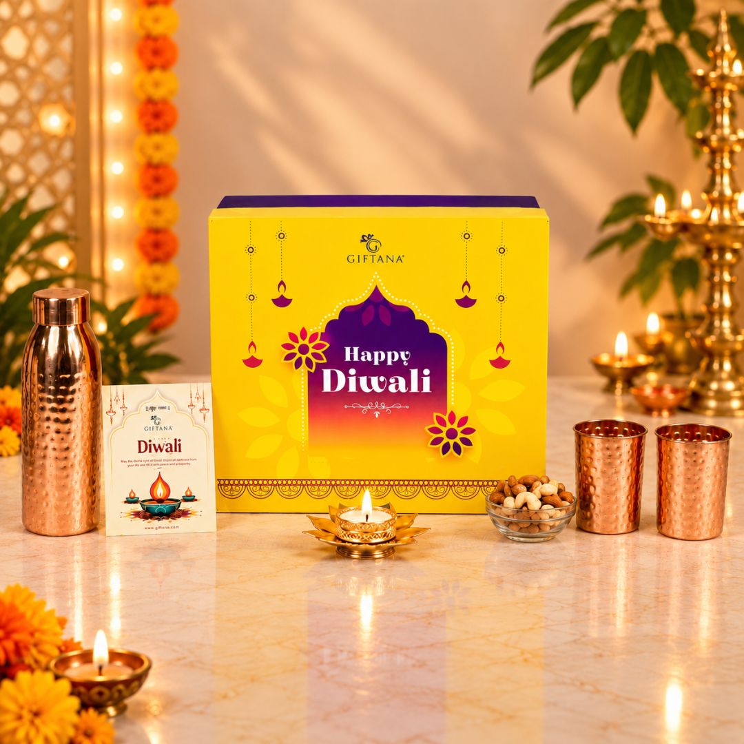Elegant Copper Diwali Gift Set with Dry Fruits & Lotus Tealight Diya 2 Elegant Copper Diwali Gift Set with Dry Fruits Lotus Tealight Diya 2