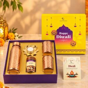 Elegant Copper Diwali Gift Set with Dry Fruits & Lotus Tealight Diya - Giftana