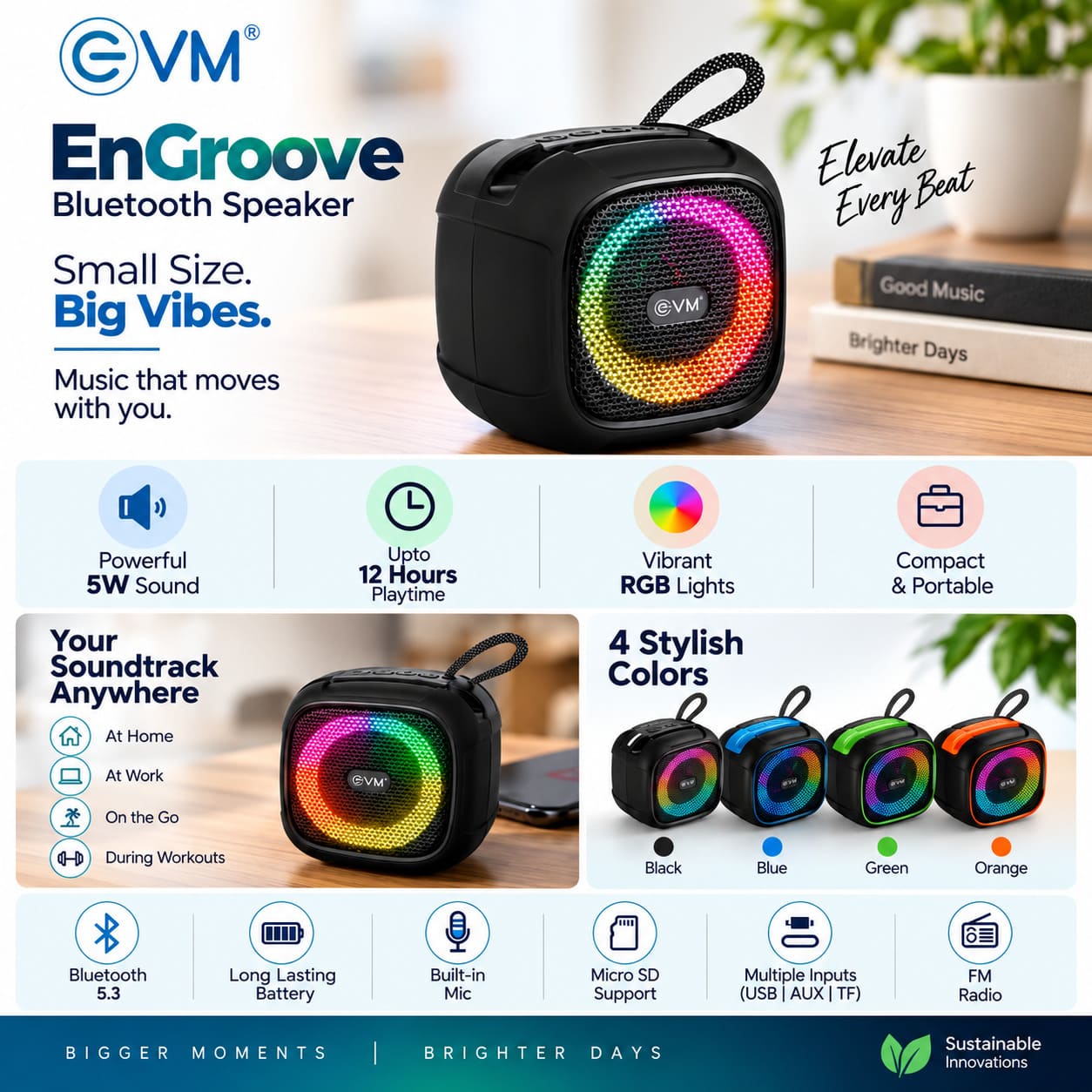 EnGroove 5W Bluetooth Speaker with RGB Lights & 12 Hour Playtime EnGroove 5W Bluetooth Speaker with RGB Lights & 12 Hour Playtime