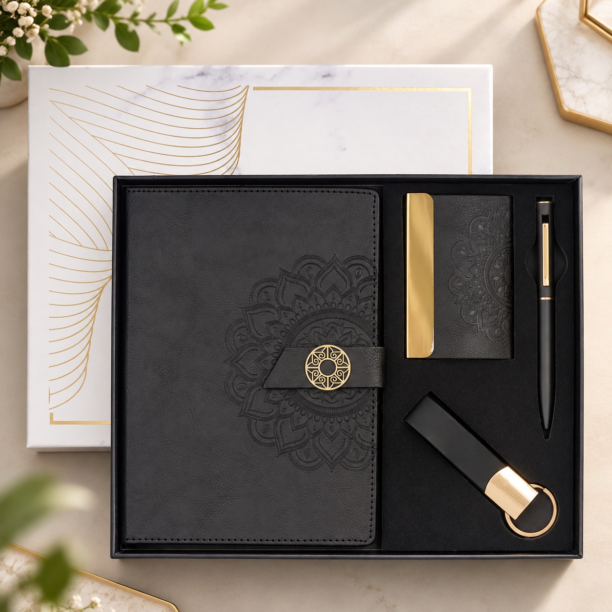 Executive Prestige Set – Premium Notebook, Card Holder, Pen & Keychain Gift Set Black – Giftana Executive Prestige Set – Premium Notebook Card Holder Pen Keychain Gift Set Black Giftana