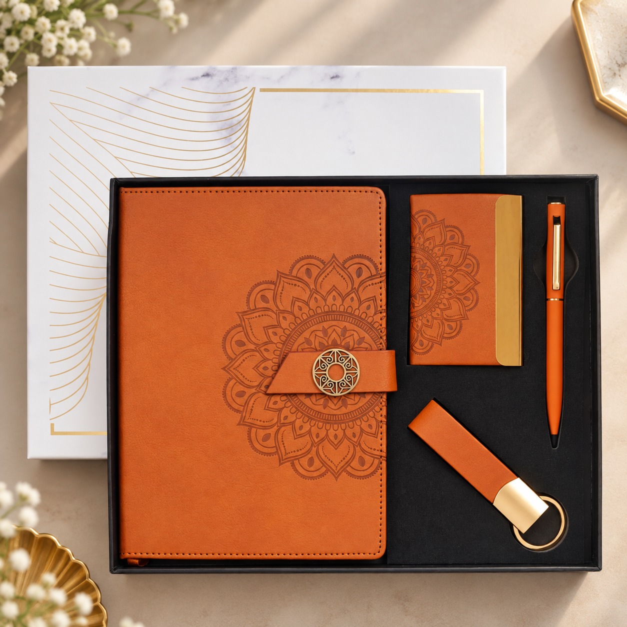 Executive Prestige Set – Premium Notebook, Card Holder, Pen & Keychain Gift Set Tan - Giftana Executive Prestige Set – Premium Notebook, Card Holder, Pen & Keychain Gift Set Tan - Giftana
