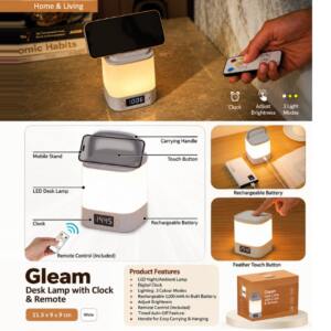 Gleam LED Desk Lamp with Digital Clock & Remote Control