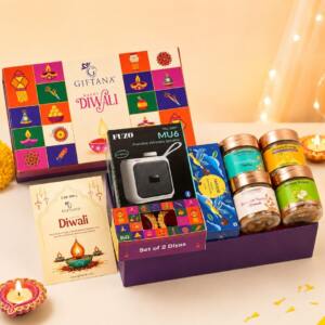Indulgence Hamper - Corporate Diwali Gifts with Wireless Speaker, Chocolates & Gourmet Treats - giftanaindia