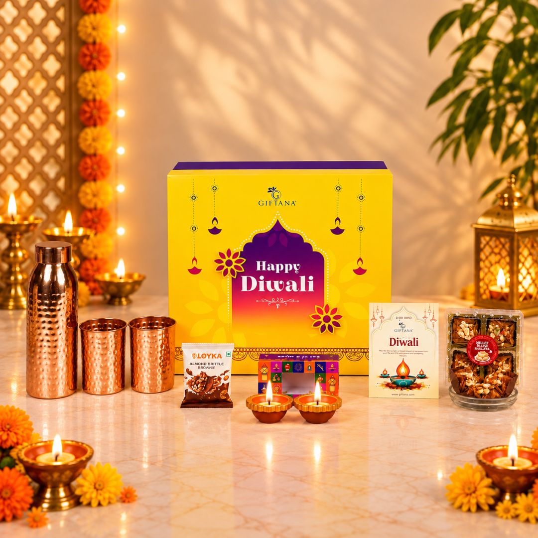 Premium Copper Diwali Hamper with Baklawa, Almond Brittle & Glasses 2 Premium Copper Diwali Hamper with Baklawa Almond Brittle Glasses 2
