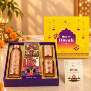Premium Copper Diwali Hamper with Baklawa, Almond Brittle & Glasses - Giftana