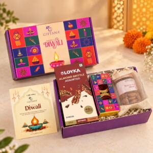 Diwali Gift Set with Almond Brittle, Diyas & Roasted Nuts - Giftana India