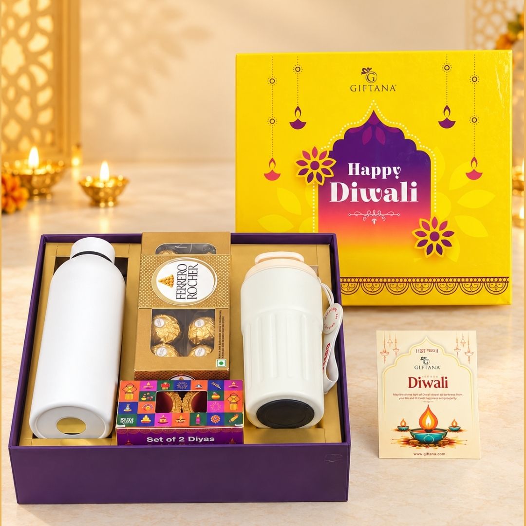 Smart Diwali Gift Set with Temperature Tumbler, Flask & Ferrero Rocher - Giftana Smart Diwali Gift Set with Temperature Tumbler, Flask & Ferrero Rocher - Giftana